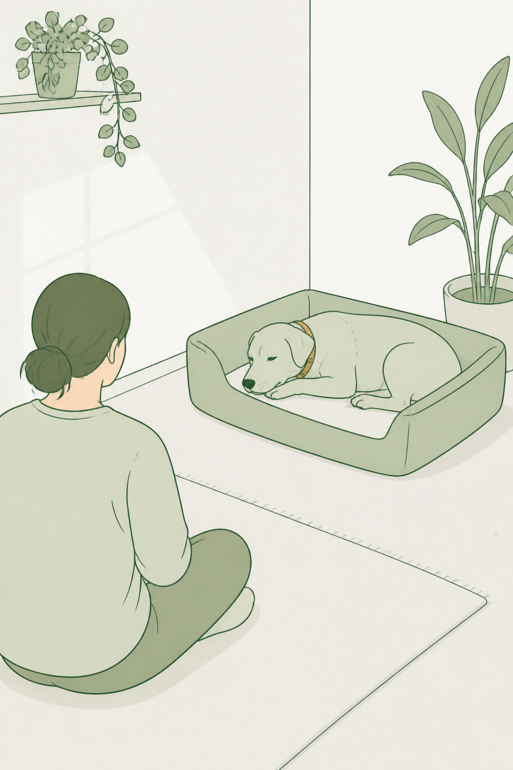 Cão novo no canto quieto, pessoa sentada no chão a uma distância respeitosa, sem forçar colo.
