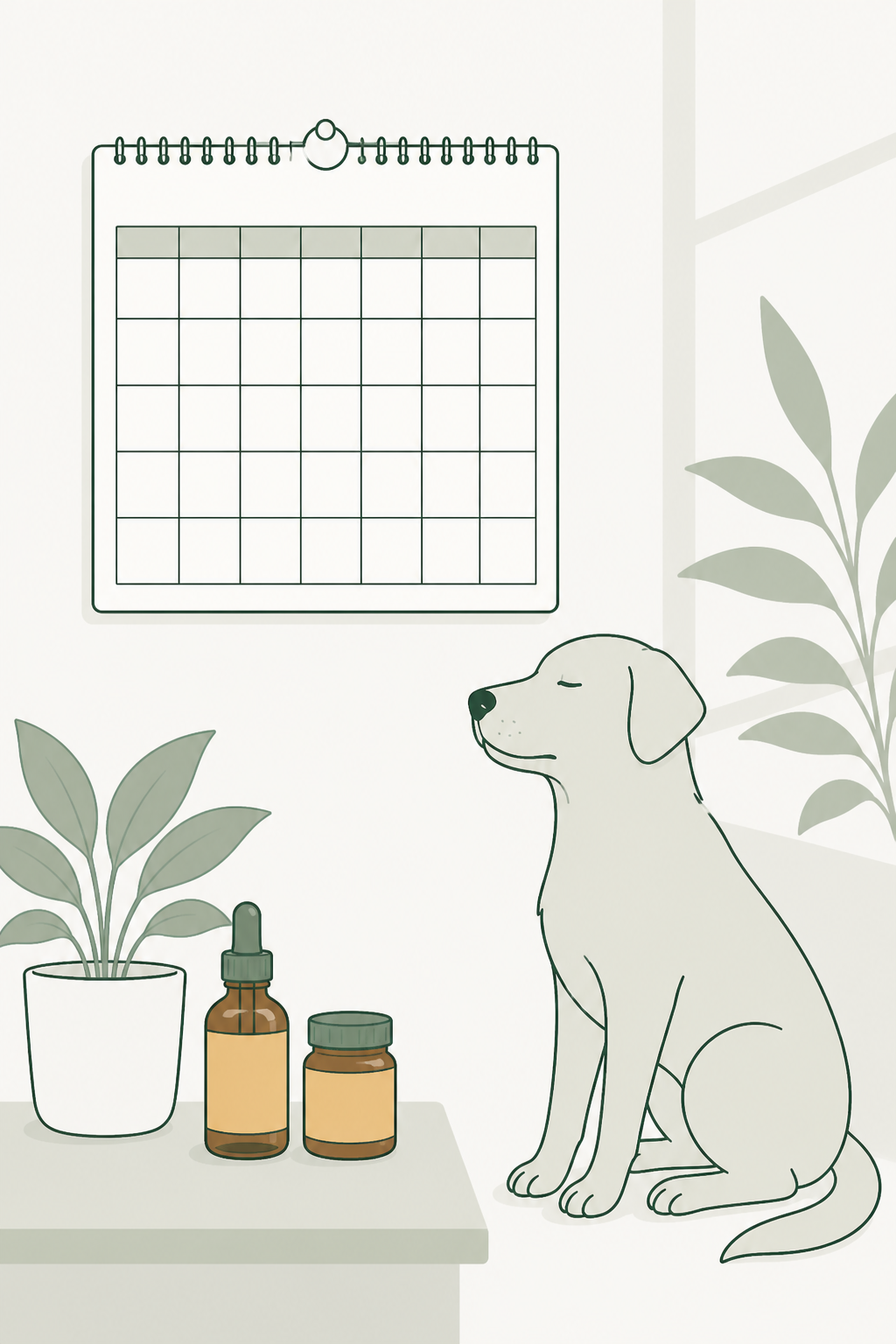 Alt: calendário simples sem números e um frasco de preventivo fechado, sem marca; cão calmo ao lado — o plano é contínuo, não só no verão.