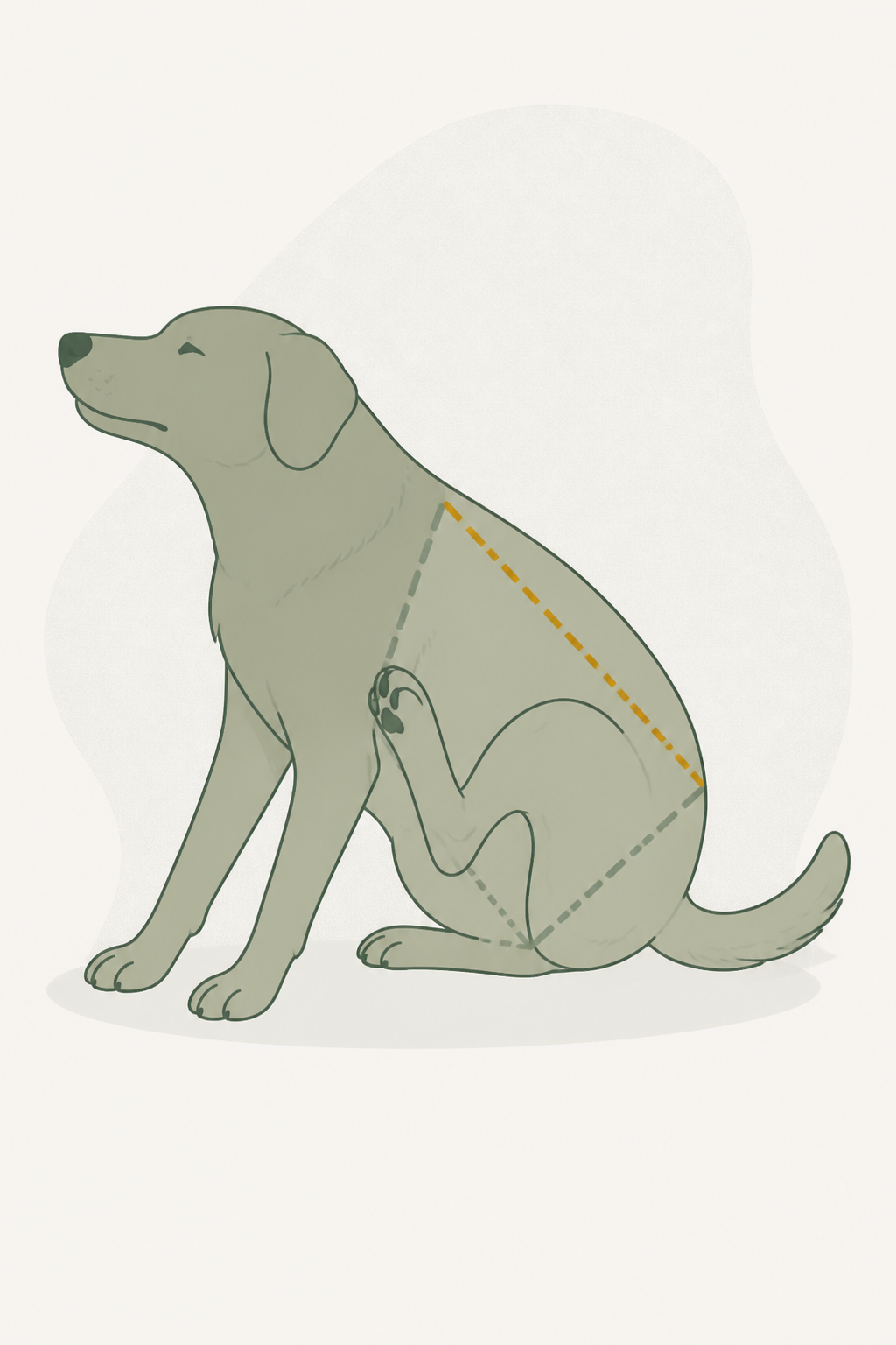 Cão de perfil coçando a base da cauda e a região das costas; linhas tracejadas marcam o “triângulo” dorso–cauda–coxas.