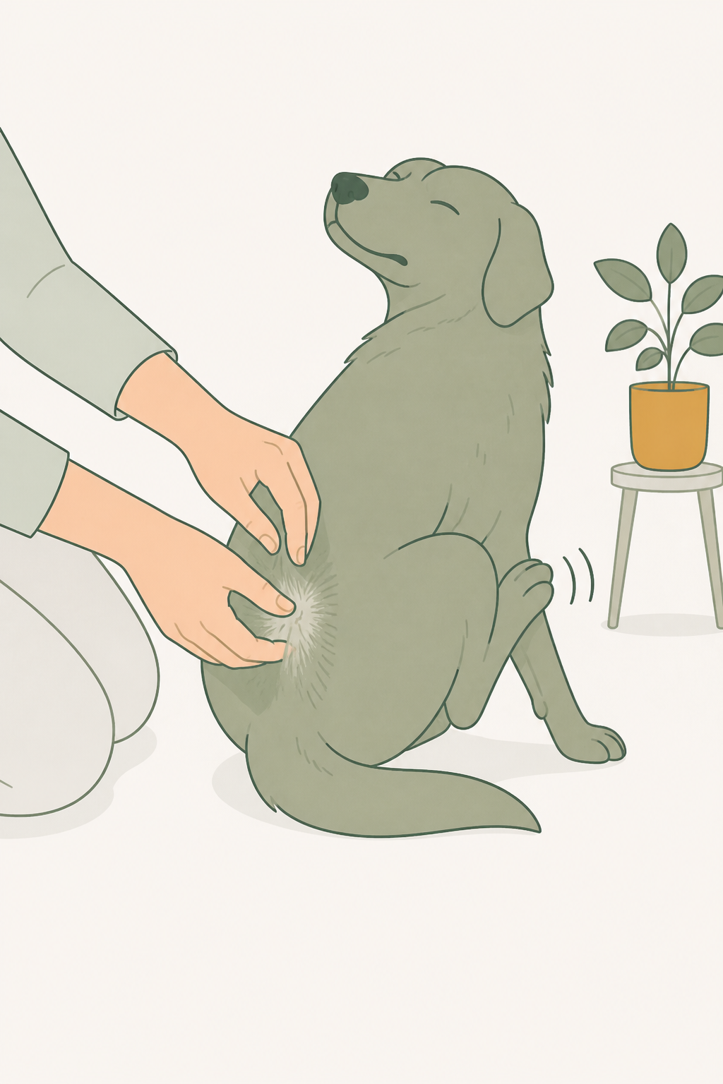 Pessoa examina o pelo do cão na base da cauda; nenhum inseto visível, mas o cão continua coçando a mesma região.