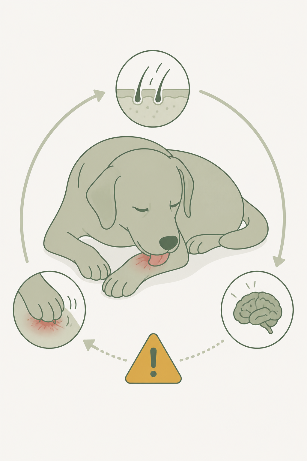 Mancha vermelha e úmida na pele do cão, ao lado da pata que ele lambe; o ciclo coçar–lamber está em curso.