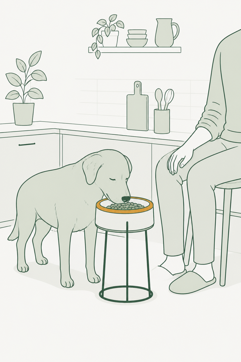 Cão mais velho come na tigela à altura do ombro; outro, no chão — nem todo mundo precisa do stand.
