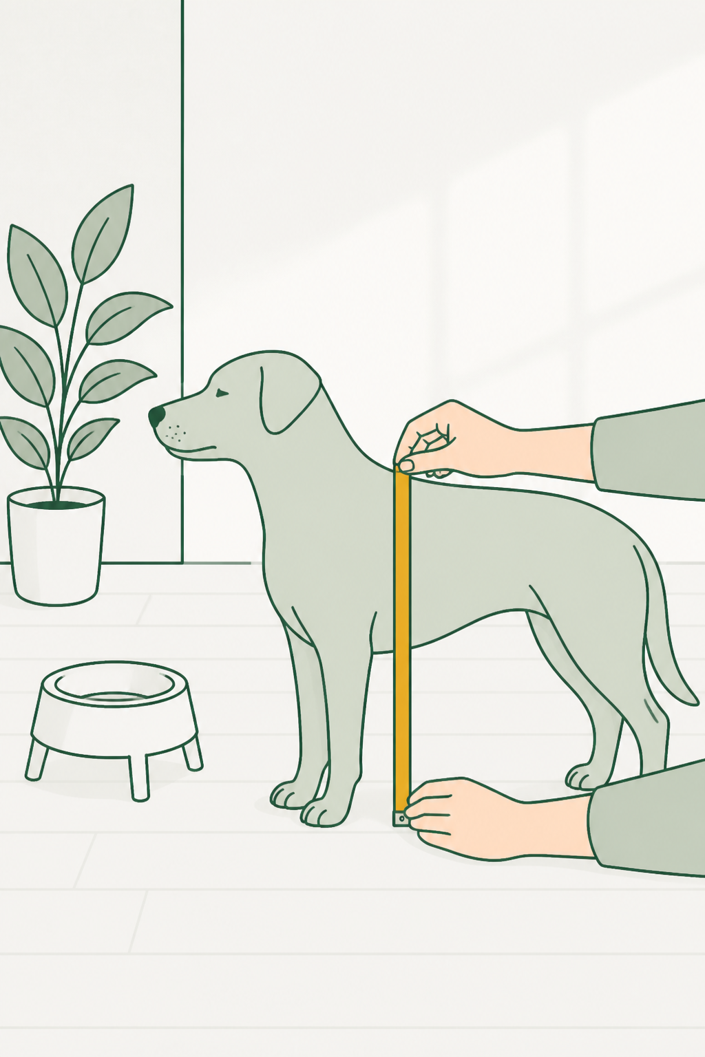 Fita do chão até o ombro do cão em pé; o stand vazio ao lado não é o mais alto da loja.