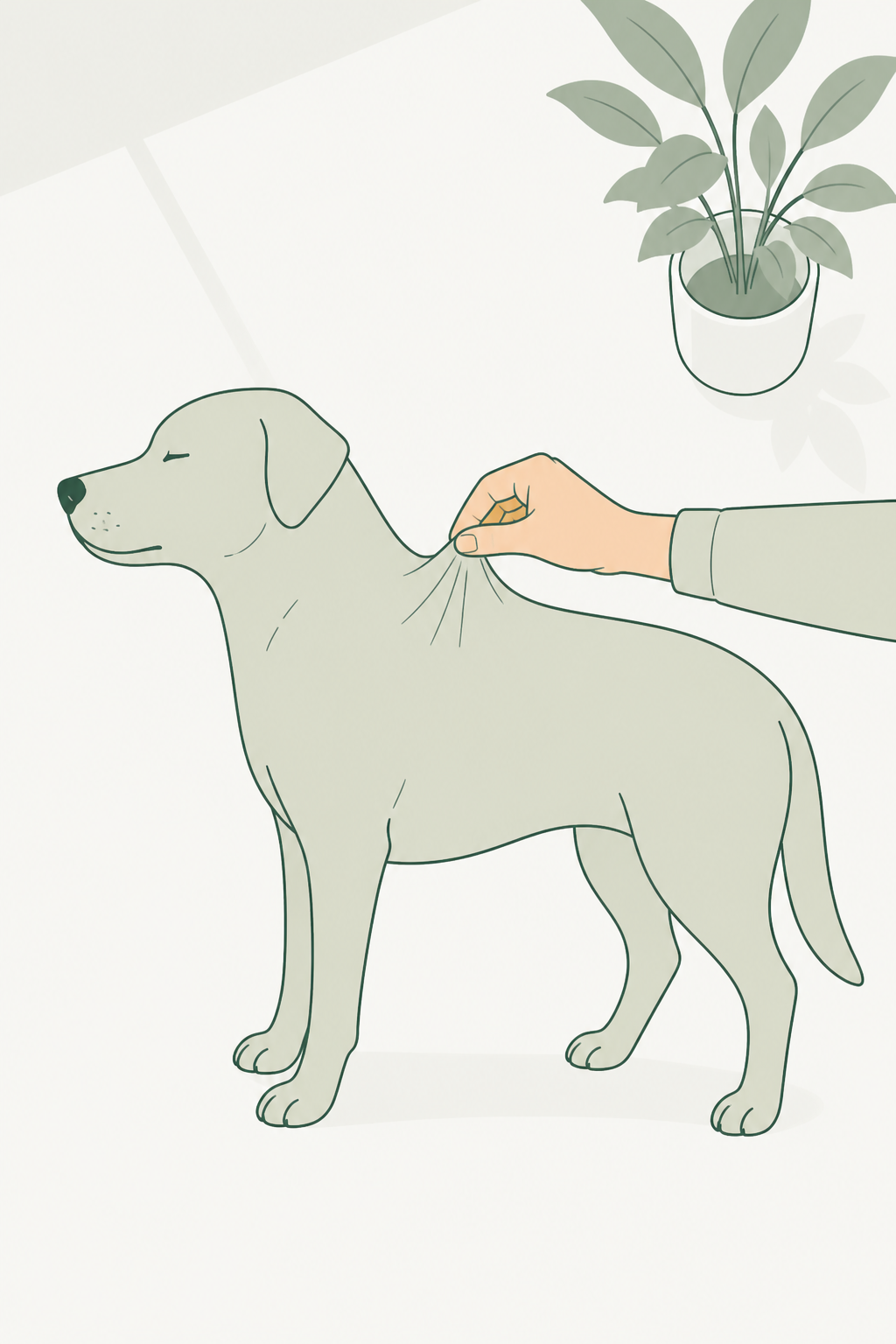 Mão adulta levanta uma prega de pele nas omoplatas do cão; a pele ainda está um pouco erguida, no gesto do teste de elasticidade.