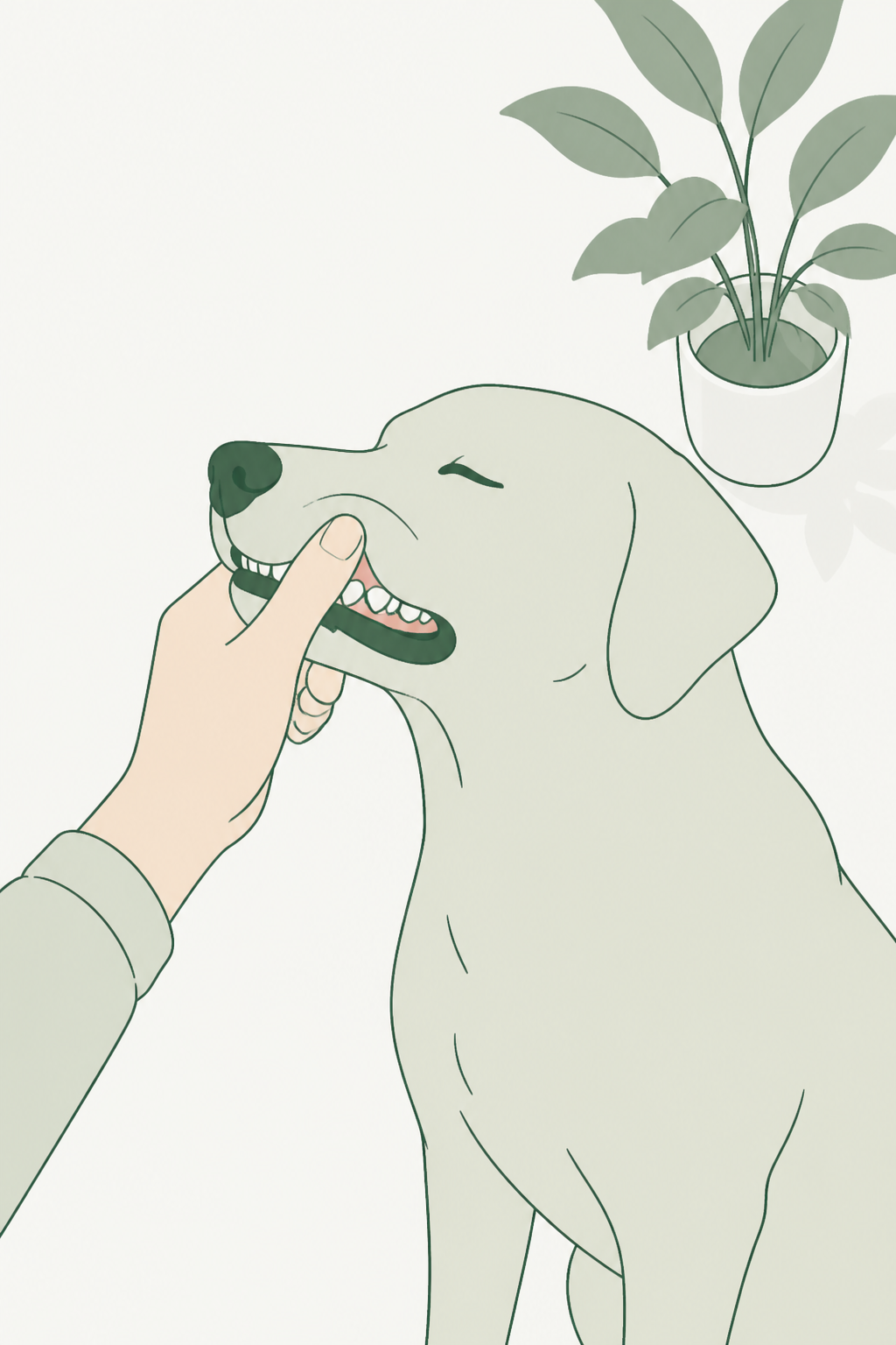 Pessoa toca de leve a gengiva superior do cão com o dedo, conferindo se está úmida ou pegajosa; cena calma de casa, sem tom de pronto-socorro.