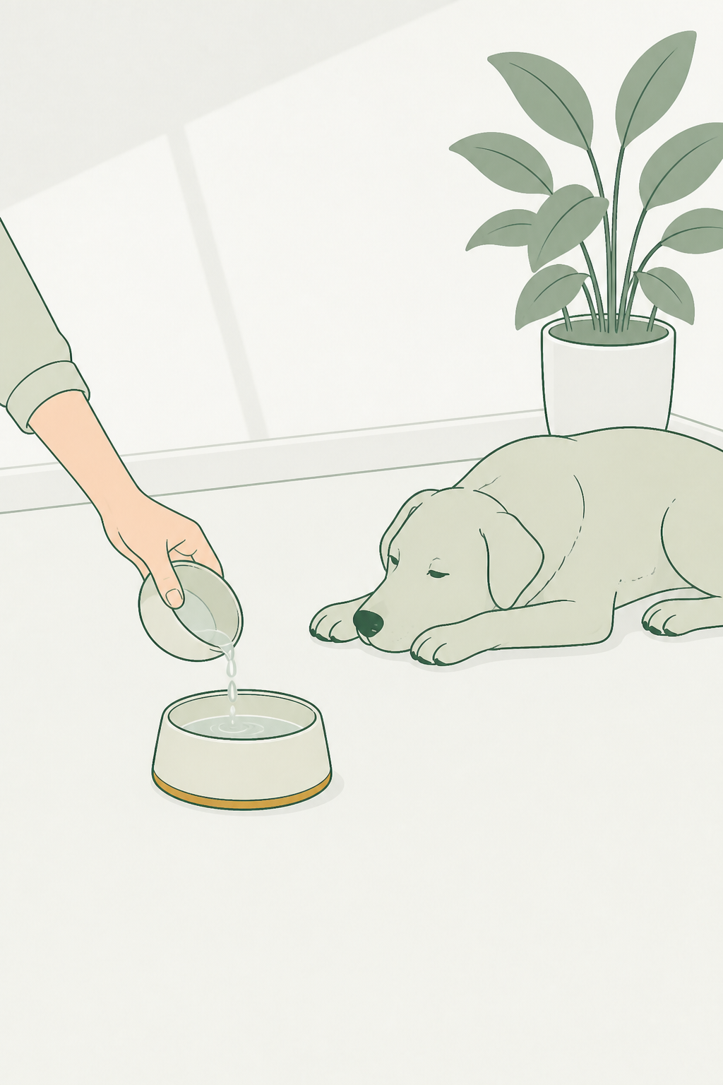 Tigela com pouca água no chão; mão adulta oferece volume pequeno, sem derramar o pote inteiro de uma vez; cão descansa perto, sem drama.