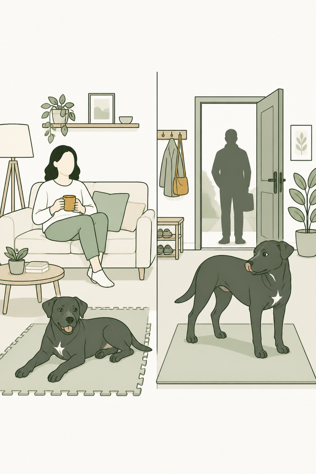 O mesmo cão: deitado relaxado no tapete; depois, na porta, lambe o focinho e vira o corpo quando chega visita.