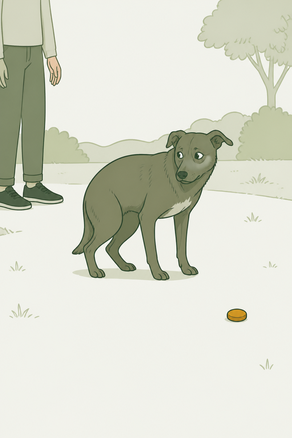 Cão com o peso atrás, rabo baixo, um pouco do branco do olho; a pessoa dá um passo para trás, petisco no chão sem forçar.