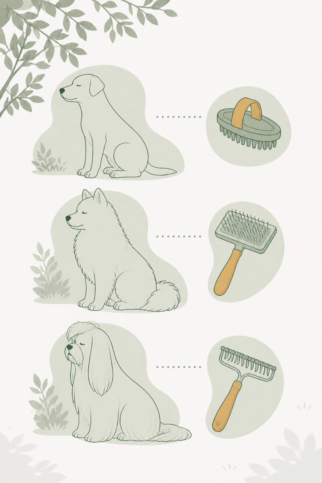 Três silhuetas de cão: pelo curto liso, capa dupla e pelo longo; ao lado, escovas de formatos diferentes — a ferramenta muda com a pelagem.