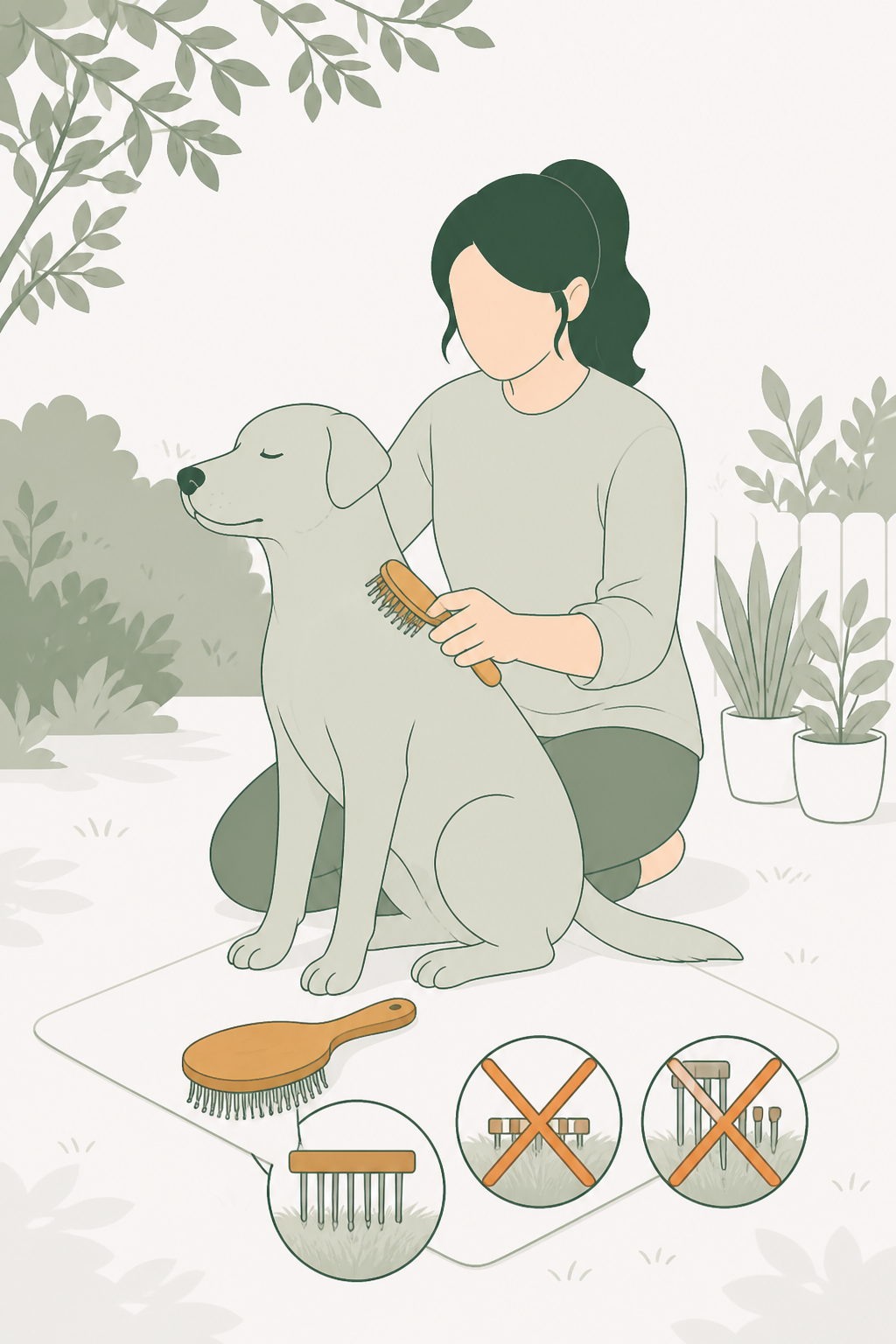 Rake de subpelo ao lado de cão de capa dupla; os pinos têm comprimento parecido com a espessura do pelo — pino curto demais não chega, longo demais arranha.