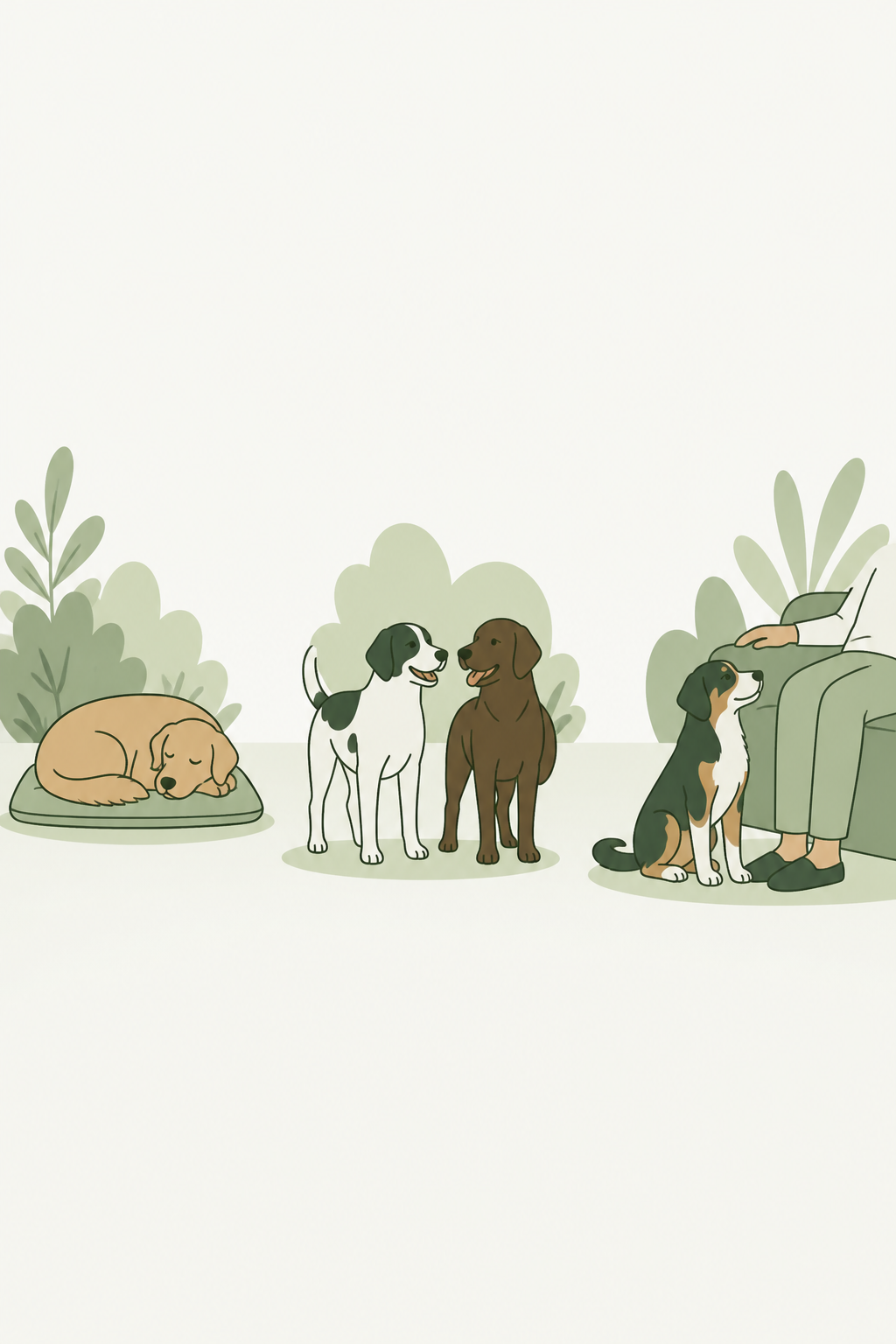 Três caminhos lado a lado: noite num canil, dia no pátio, cão em casa — nenhum destacado como melhor.