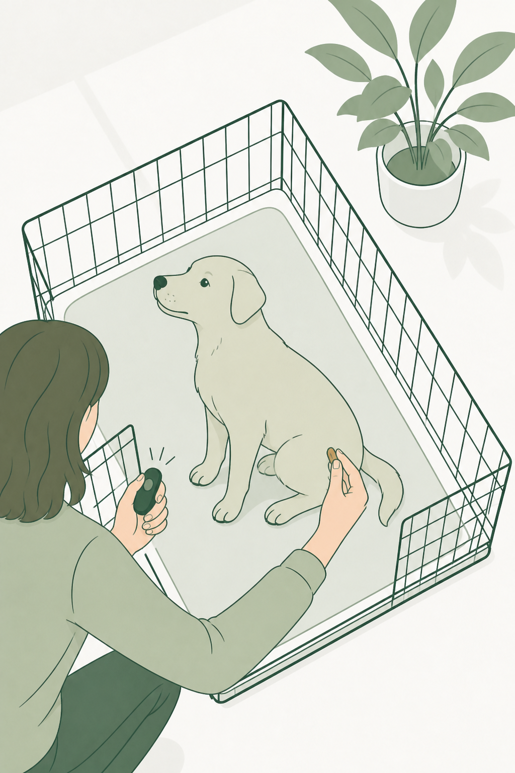 Pessoa ao lado do cão segura um clicker; o cão senta; um petisco aparece na mão logo depois do click.