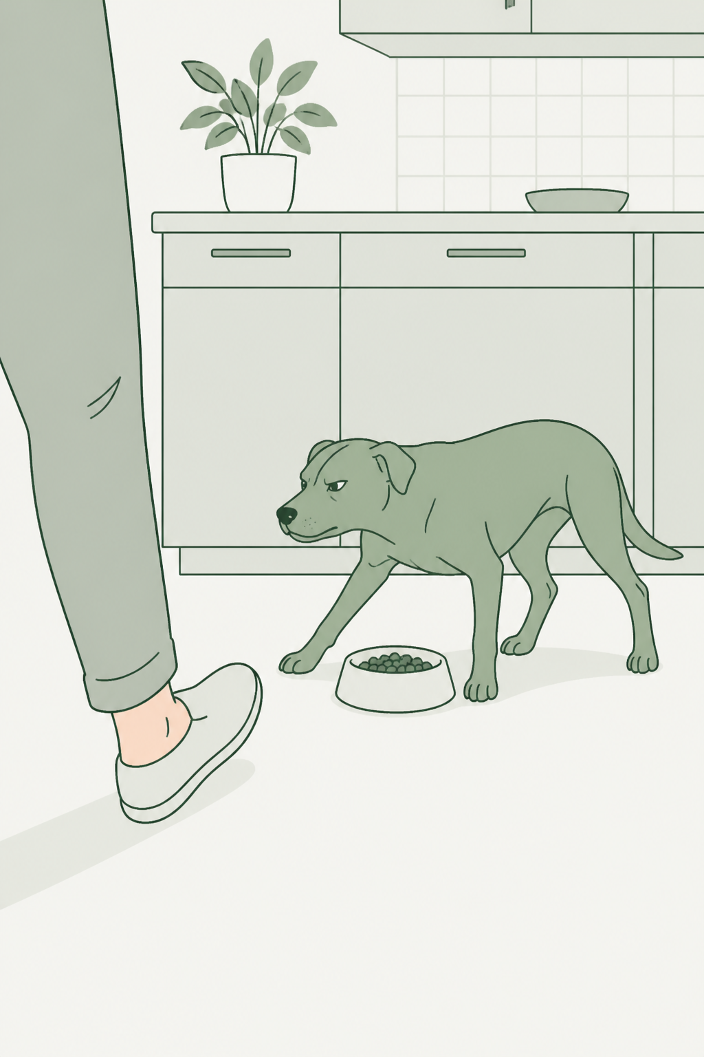 Cão rígido sobre a tigela; a pessoa dá um passo atrás — o aviso ainda é o corpo, não o dente.