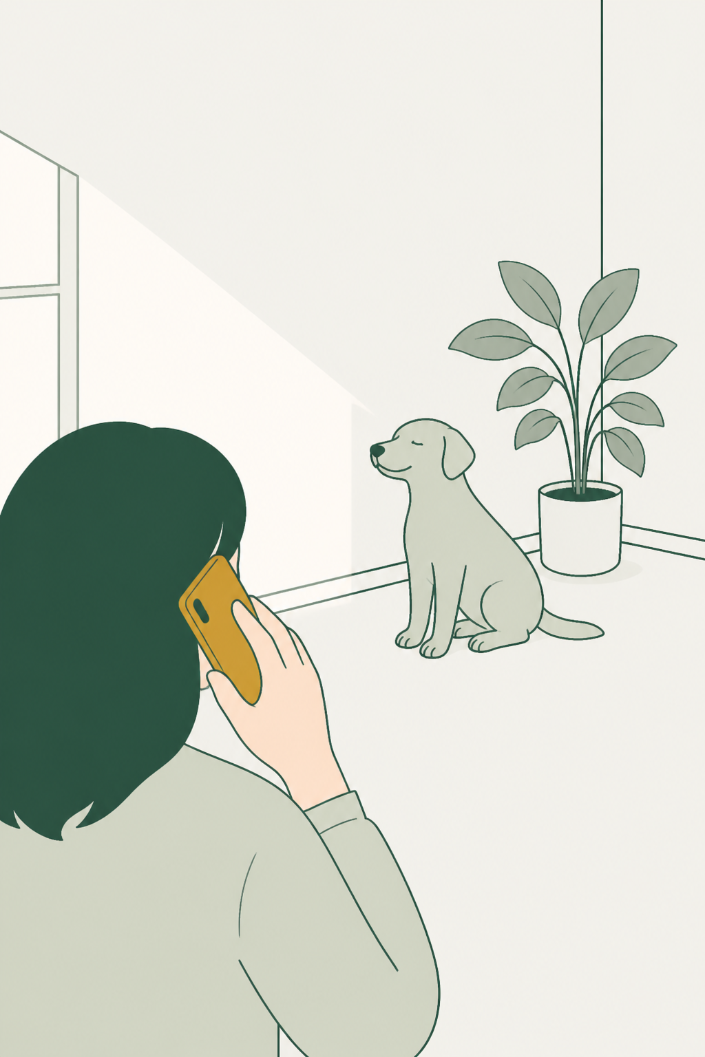 Pessoa ao telefone (só a mão e o aparelho); o cão sentado à distância — parou, pediu ajuda, ninguém briga.