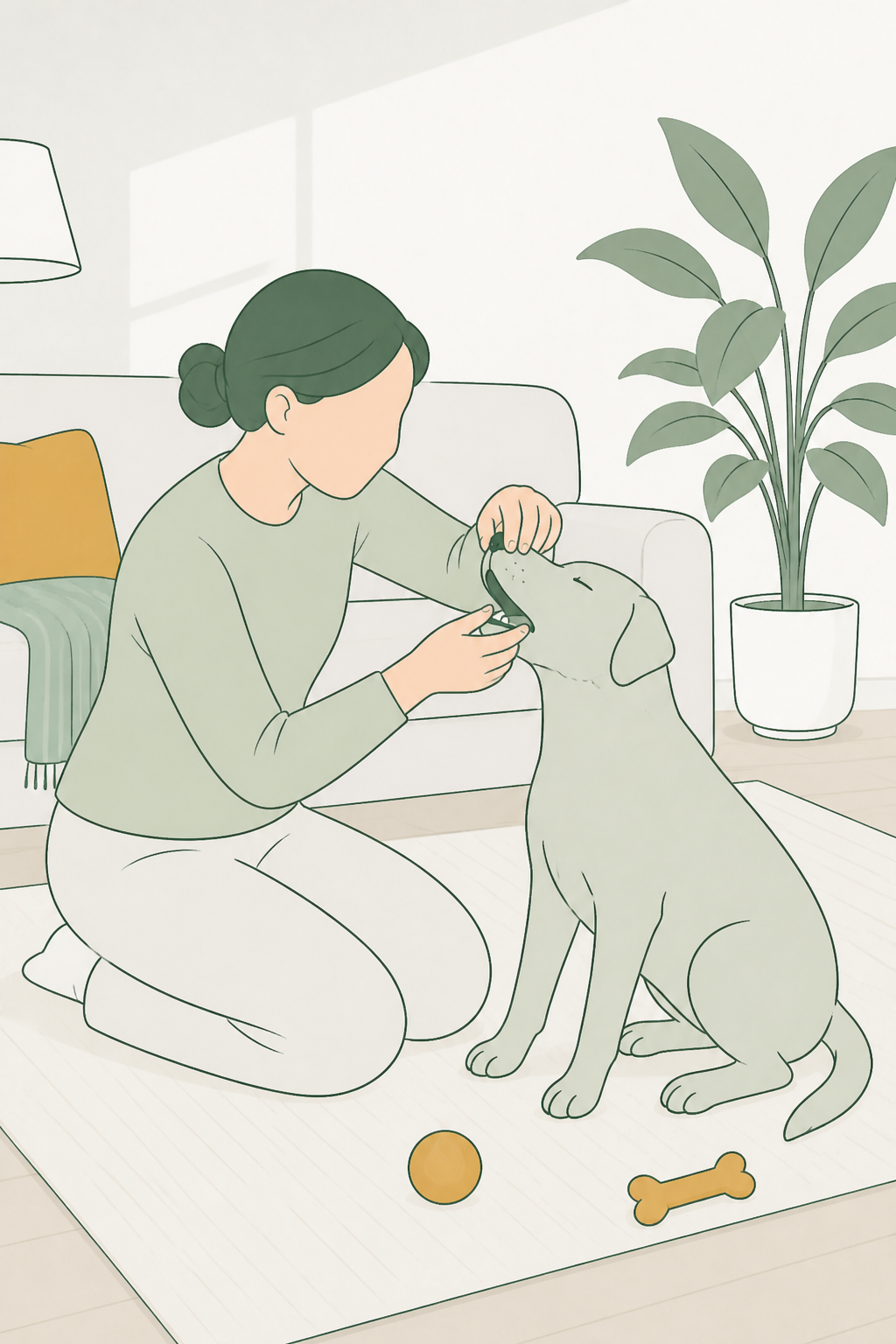 Pessoa observa a boca do cão com cuidado, sem diagnosticar.
