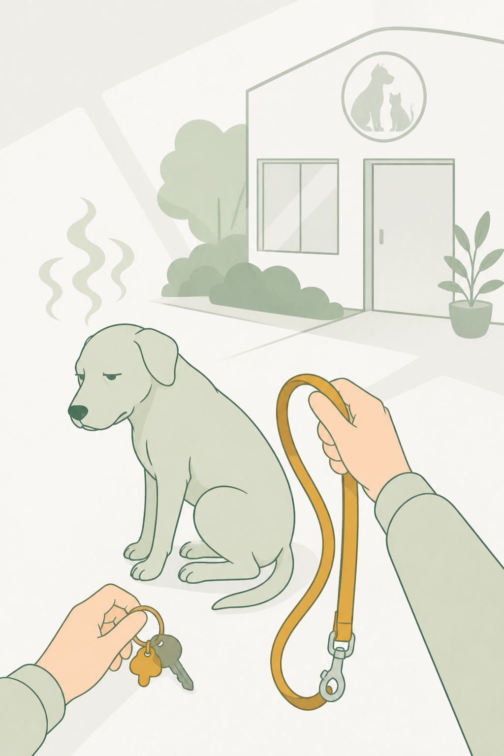 Cão apático; pessoa se prepara para ir ao vet.