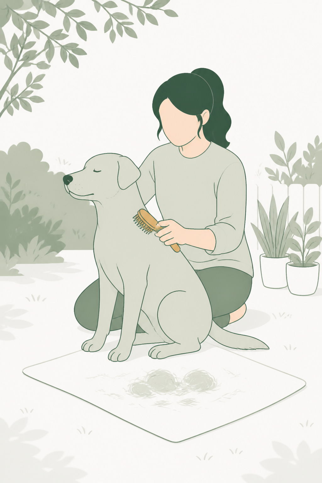 Pessoa escova o cão ao ar livre; pelo cai no pano.