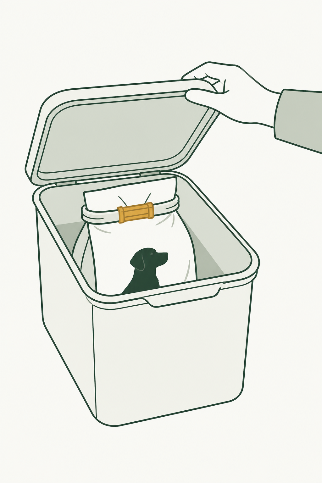Saco de ração inteiro dentro de um recipiente com tampa; o clip ainda fecha o saco, kibble não está solto no fundo.