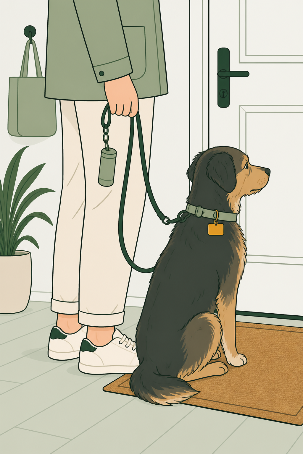 Pessoa na porta com a guia; dispenser de saquinho na guia e plaqueta em branco no coleira; o cão espera calmo.