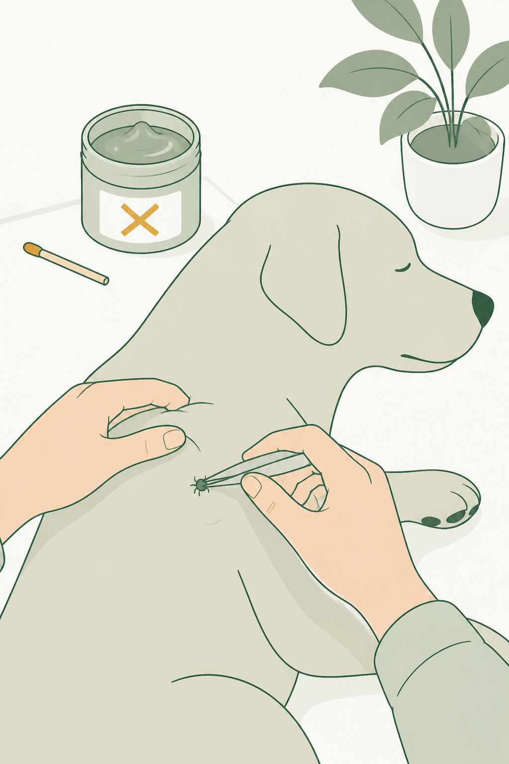 Alt: pinça firme perto da pele do cão, removendo um carrapato pequeno; sem fósforo nem pote de gel; cena calma de casa.