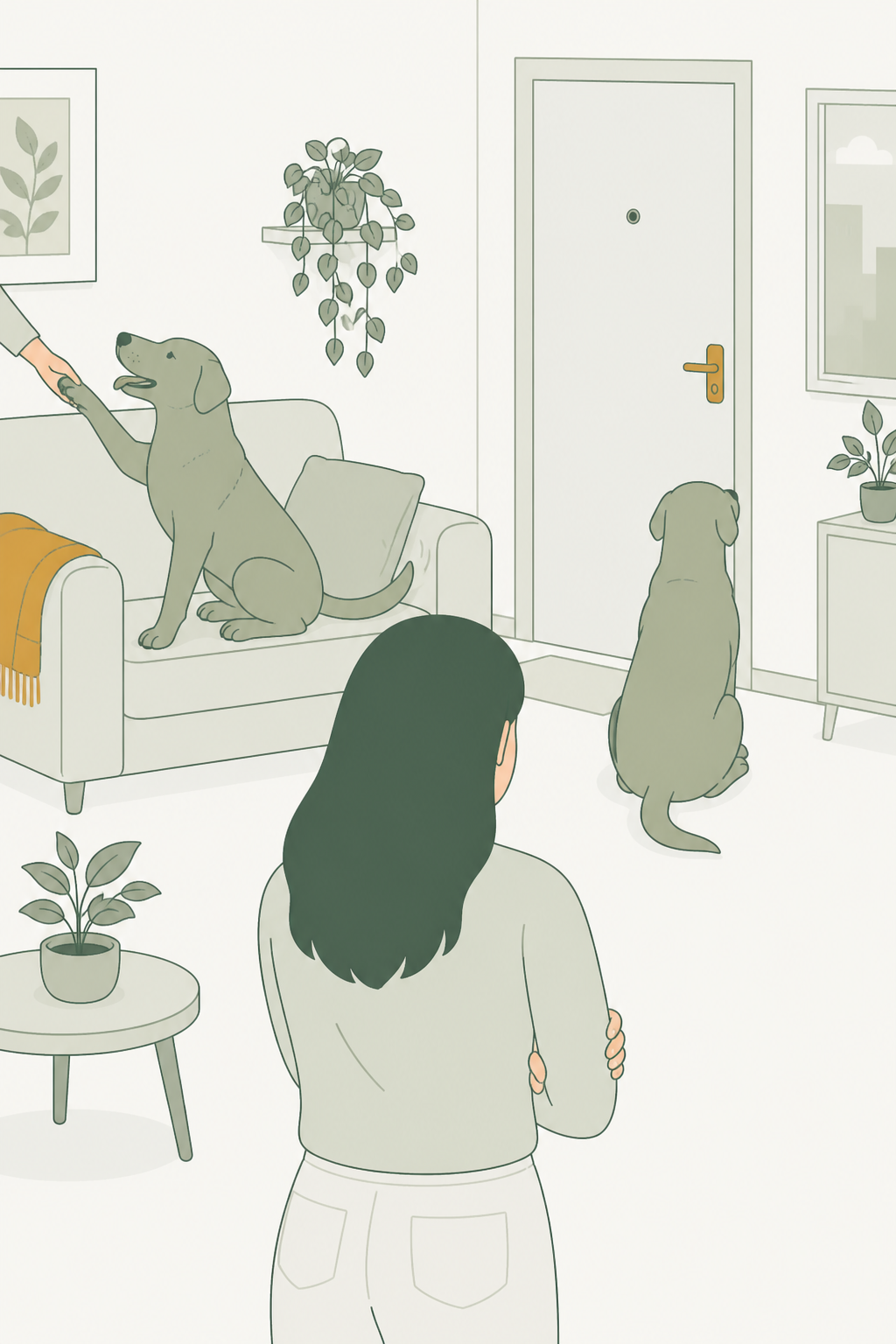 Dois momentos do mesmo cão: animado na porta e apático no sofá.