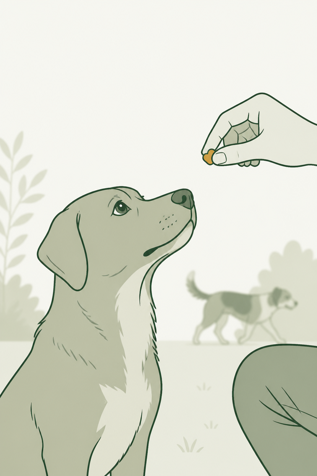 Cão adulto olha para a pessoa (só o joelho e um petisco), não para o cão que passa ao fundo.
