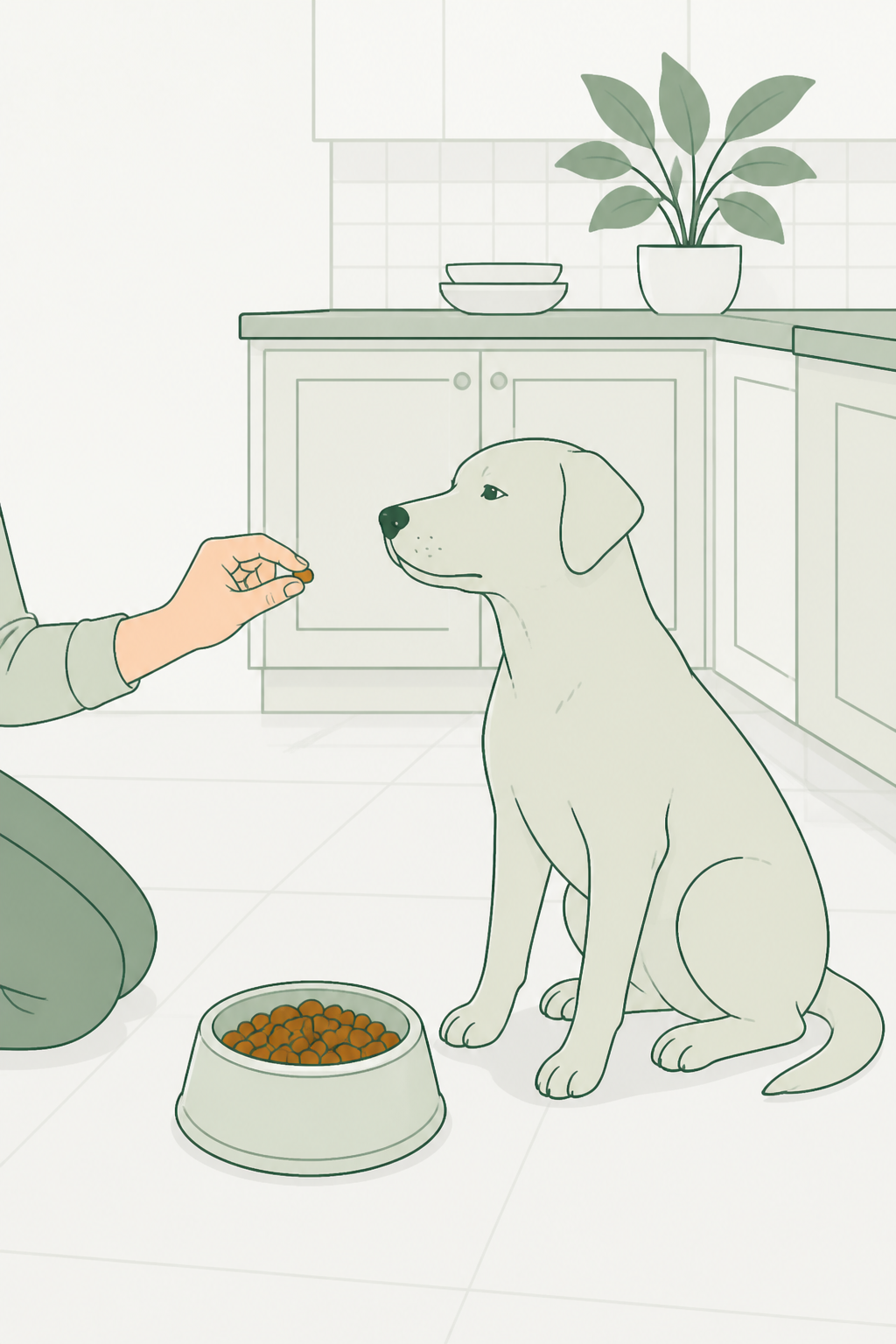 Alt: mão oferece um petisco pequeno ao cão; a tigela de ração fica à frente, maior — o snack é extra, não a refeição.
