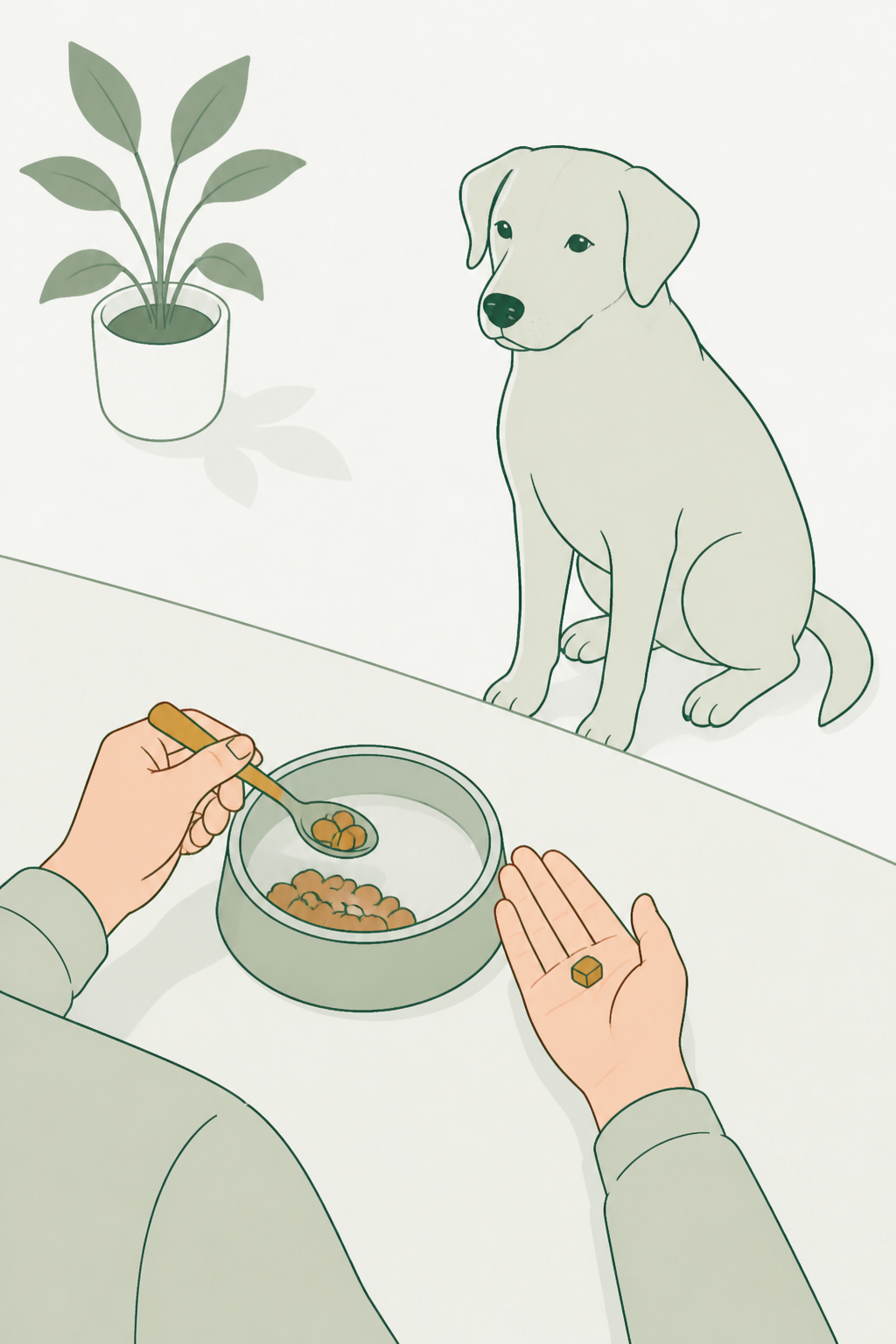 Alt: pessoa reduz um pouco a ração na tigela enquanto o cão recebe um petisco pequeno — o total do dia continua o mesmo.