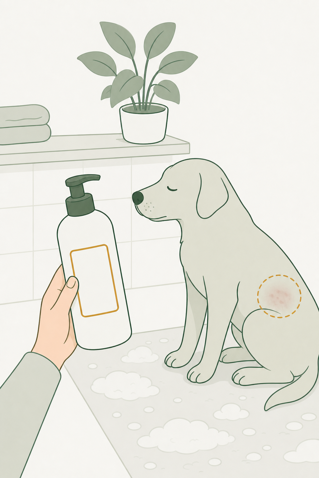 Cão sentado no banheiro; círculo tracejado marca mancha irritada no flanco; mão segura frasco de shampoo pet com rótulo âmbar em branco.