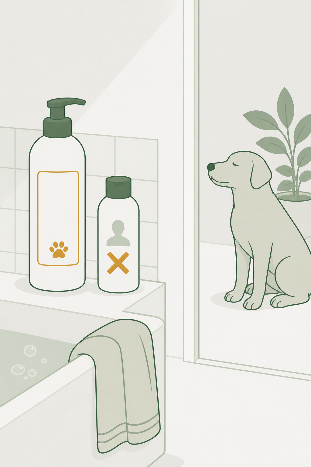 Dois frascos na borda da banheira: shampoo pet com pata âmbar e frasco de gente com silhueta humana e X âmbar; cão calmo espera seco na porta.