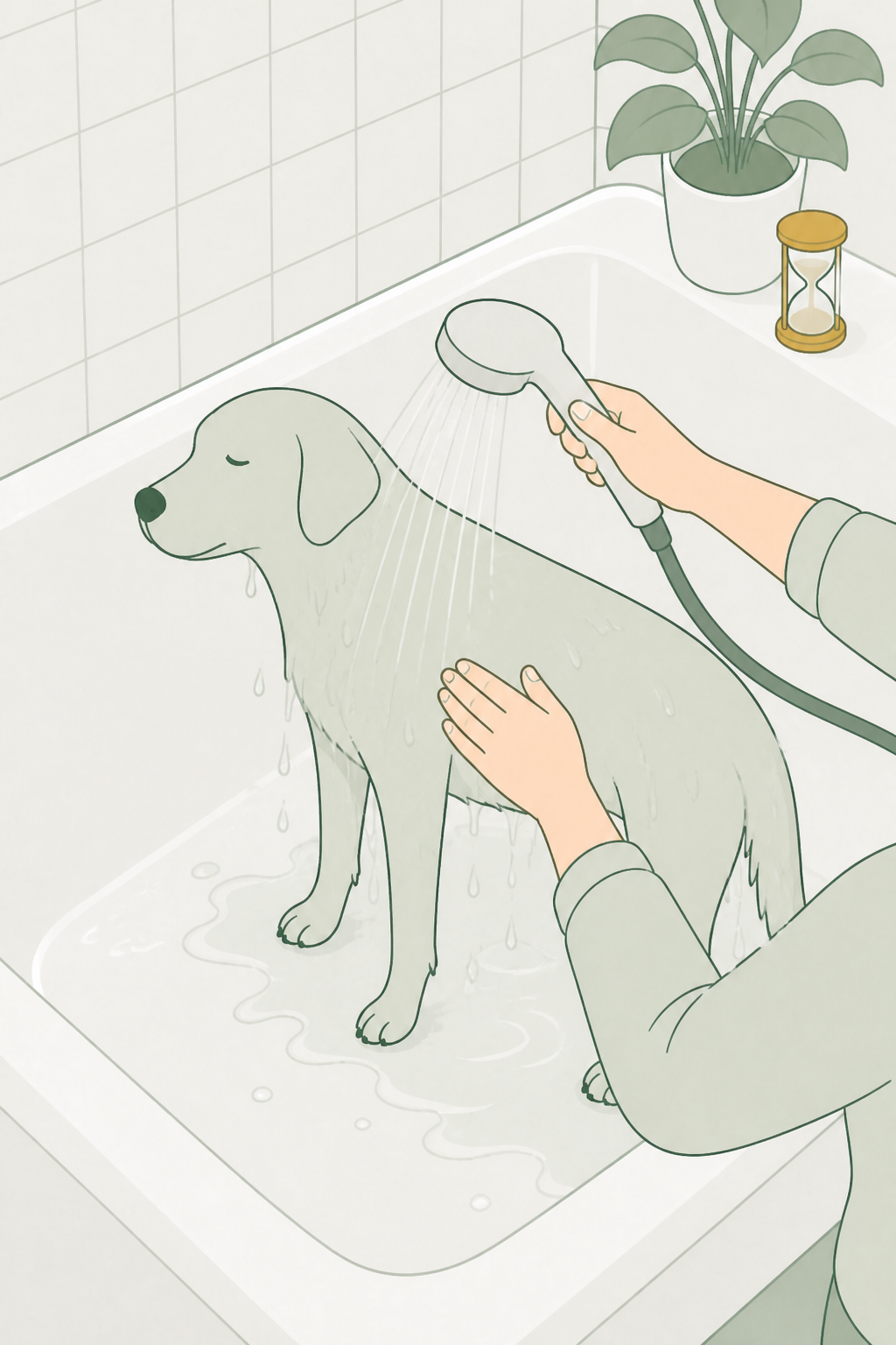 Cão molhado na banheira; mãos sem rosto enxaguam com duchinha; ampulheta âmbar no canto sugere tempo de contato e enxágue longo.