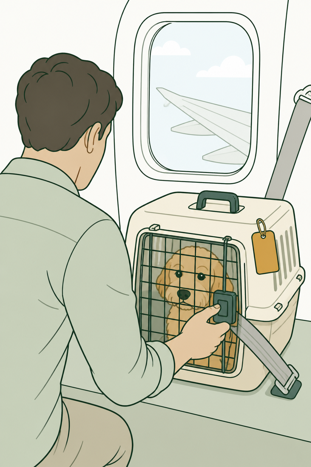 Caixa rígida no avião, cão visível na grade, etiqueta na alça sem texto.