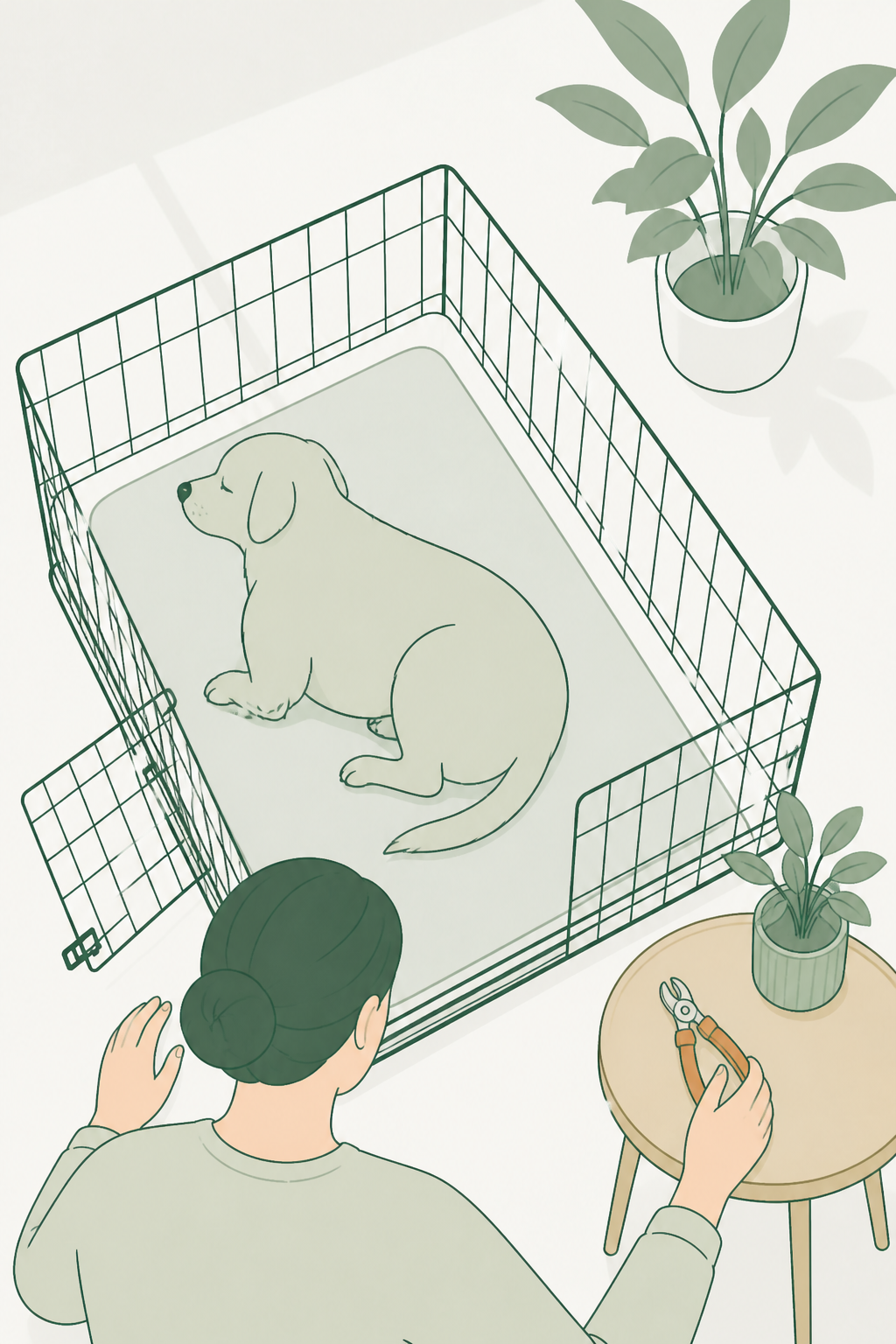 Cão vira o corpo quando o alicate aparece; a pessoa solta a pata e guarda a ferramenta — sessão encerrada.