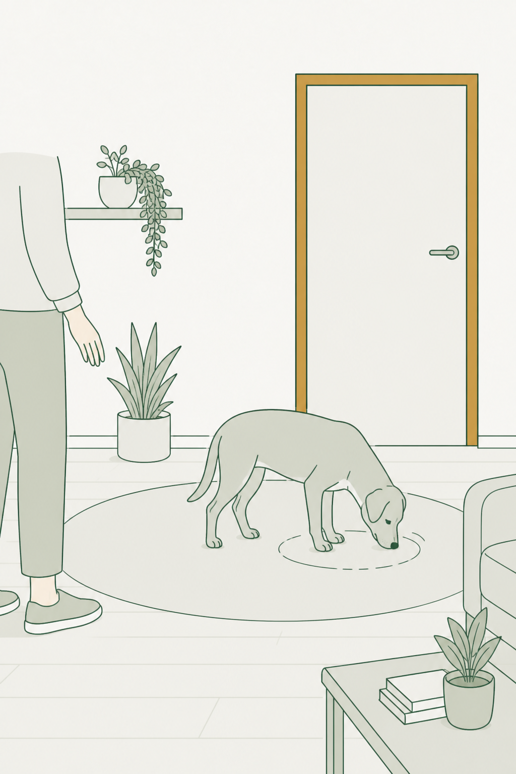 Cão fareja em círculo perto da porta; a pessoa repara antes do acidente.